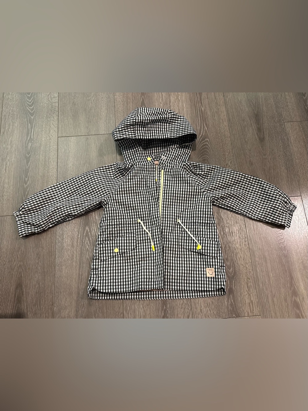Zara Black & White Gingham Hooded Raincoat with Smiley face
